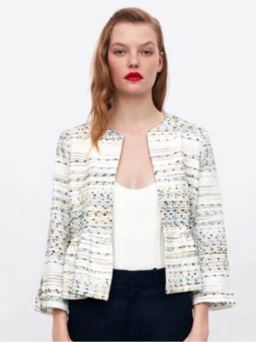 Zara Textured Peplum Jacket Blazer White Metallic Thread Open Front Size M - Picture 2 of 11